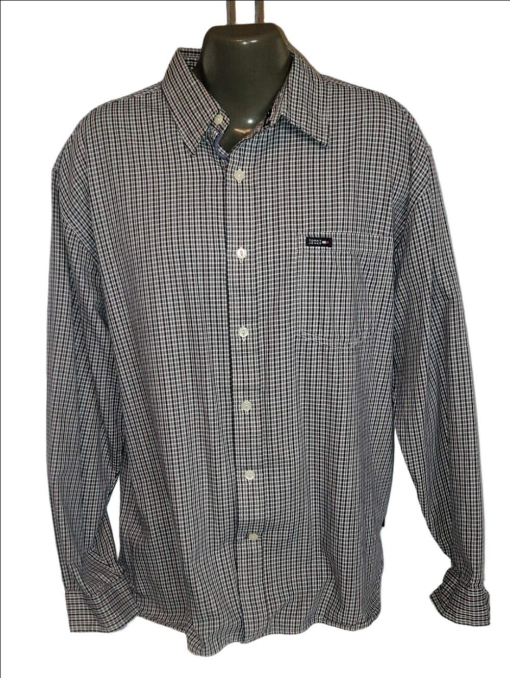 Vintage Y2K Tommy Hilfiger Men's Black & White Micro-Check Button-Down Shirt XL